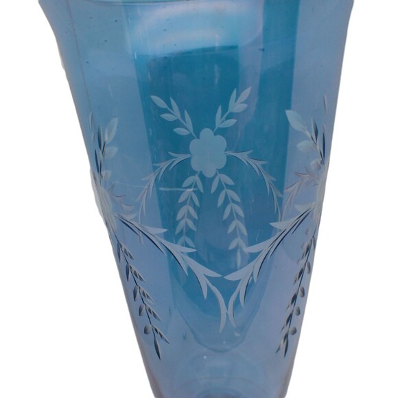 Vintage Iridescent Blue Stemmed Flute Vase Frosted Etched Floral With Leaves - Picture 2 of 5